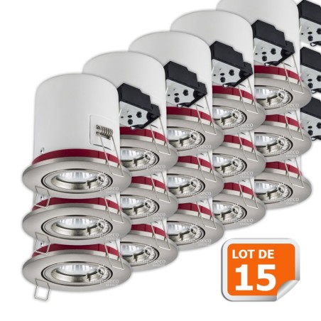 Lot de 15 Spots BBC Orientable en Alu Brossé 100mm + Douilles GU10 Auto. Ref. 819 - Éclairage Puissant et Design Moderne!