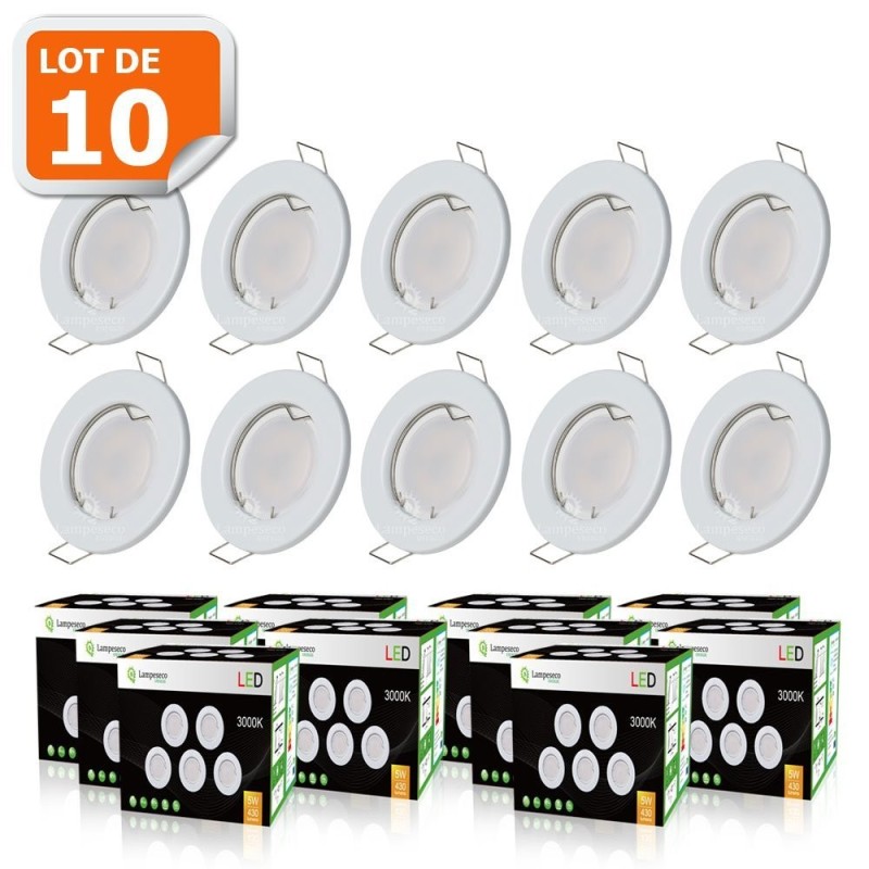 LOT DE 10 SPOT LED ENCASTRABLE COMPLETE RONDE FIXE eq. 50W BLANC CHAUD 3000K