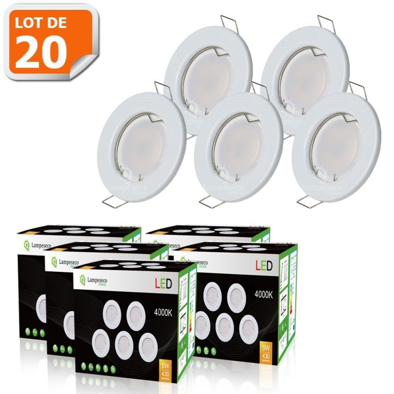 LOT DE 20 SPOT LED ENCASTRABLE COMPLETE RONDE FIXE eq. 50W BLANC FROID 6000K