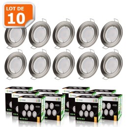 LOT DE 10 SPOT LED ENCASTRABLE COMPLETE RONDE FIXE ALU BROSSE eq. 50W BLANC FROID