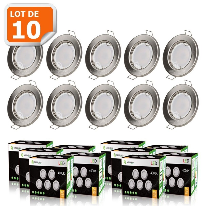 LOT DE 10 SPOT LED ENCASTRABLE COMPLETE RONDE FIXE ALU BROSSE eq. 50W BLANC FROID