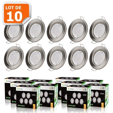 LOT DE 10 SPOT LED ENCASTRABLE COMPLETE RONDE FIXE ALU BROSSE eq. 50W BLANC FROID