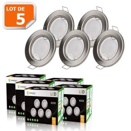 LOT DE 5 SPOT LED ENCASTRABLE COMPLETE RONDE FIXE ALU BROSSE eq. 50W BLANC FROID