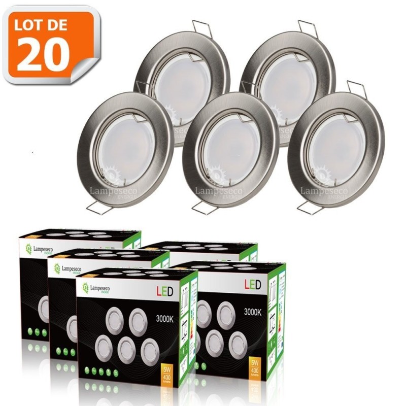 LOT DE 20 SPOT LED ENCASTRABLE COMPLETE RONDE FIXE ALU BROSSE eq. 50W BLANC CHAUD 3000K