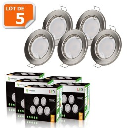 LOT DE 5 SPOT LED ENCASTRABLE COMPLETE RONDE FIXE ALU BROSSE eq. 50W BLANC CHAUD 3000K