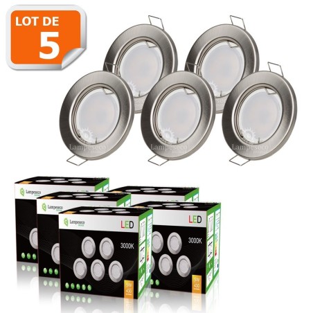 LOT DE 5 SPOT LED ENCASTRABLE COMPLETE RONDE FIXE ALU BROSSE eq. 50W BLANC CHAUD 3000K