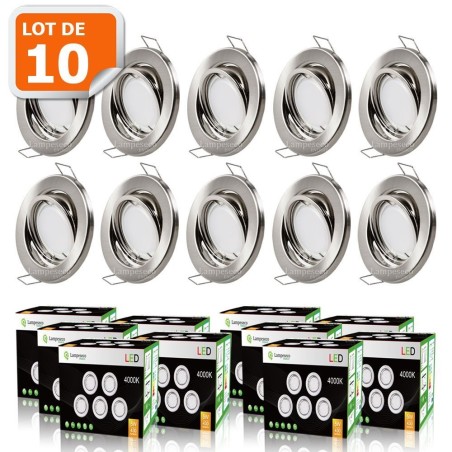 LOT DE 10 SPOT LED ENCASTRABLE COMPLETE ORIENTABLE ALU BROSSE AVEC AMPOULE GU10 230V eq. 50W