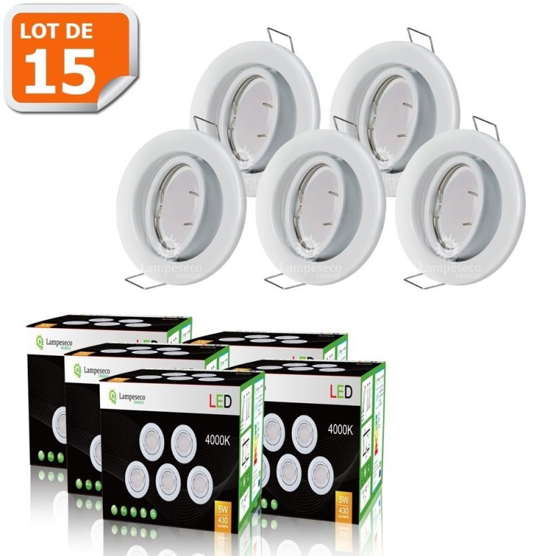 LOT DE 15 SPOT LED ENCASTRABLE COMPLETE ORIENTABLE BLANC AVEC AMPOULE GU10 230V eq. 50W, BLANC FROID 6000K