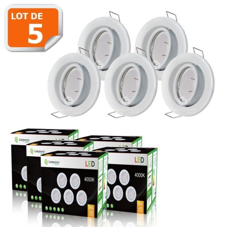 LOT DE 5 SPOT LED ENCASTRABLE COMPLETE ORIENTABLE BLANC AVEC AMPOULE GU10 230V eq. 50W