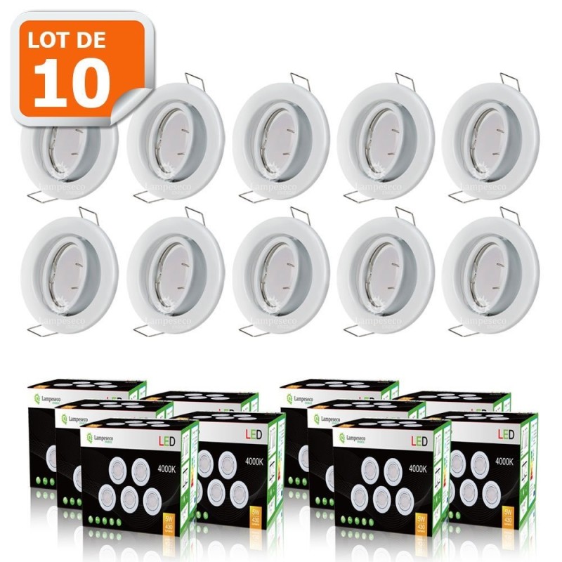 LOT DE 10 SPOT LED ENCASTRABLE COMPLETE FIXE BLANC AVEC AMPOULE GU10 230V  eq. 50W BLANC FROID 6000K