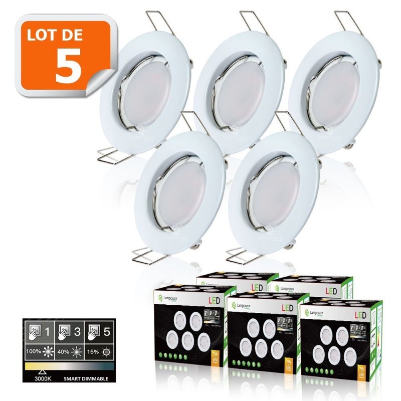5 SPOTS LED DIMMABLE SANS VARIATEUR 7W eq.56w BLANC CHAUD ORIENTABLE