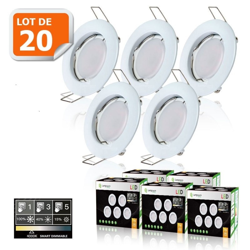 5 SPOTS LED DIMMABLE SANS VARIATEUR 7W eq.56w BLANC CHAUD ORIENTABLE