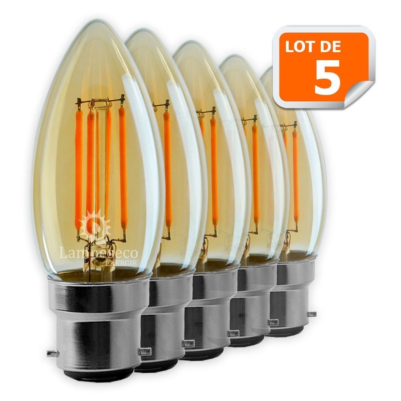 Éclairez votre intérieur avec style : Lot de 5 Ampoules Led Flamme Filament Doré 4W (éq. 42W) B22