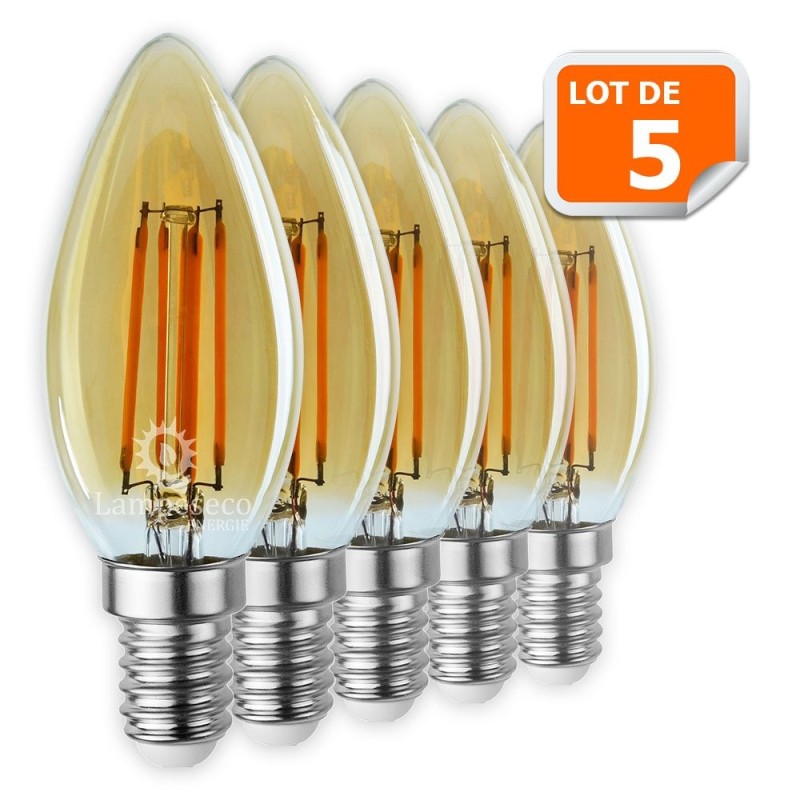 Illuminatez votre maison avec un éclat doré - Lot de 5 Ampoules Led Flamme Filament Doré 4W (éq. 42W) Culot E14