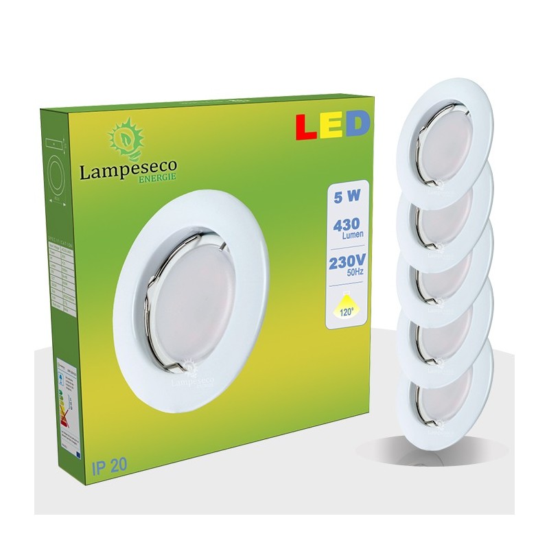Lot de 5 Spot Led Encastrable Complete Blanc Lumière Blanc Neutre 5W eq.50W ref.770