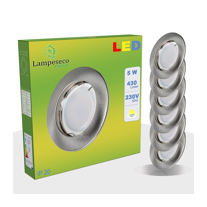 Lot de 8 Spot Led Encastrable Complete Alu Brossé Lumière Blanc Chaud 5W eq.50W ref.763