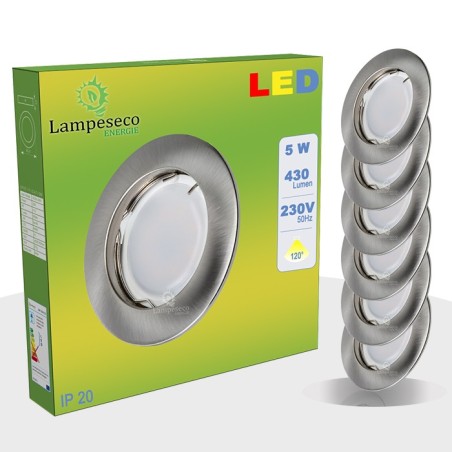 Lot de 6 Spot Led Encastrable Complete Alu Brossé Lumière Blanc Chaud 5W eq.50W ref.763
