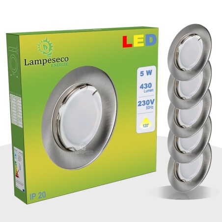 Lot de 5 Spot Led Encastrable Complete Alu Brossé Lumière Blanc Chaud 5W eq.50W ref.763