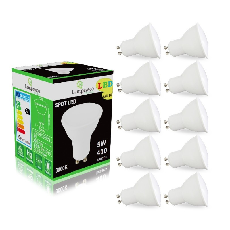 Pack de 10 Ampoules Led GU10 5W Blanc Chaud 3000K eq. 50W Halogène 120°