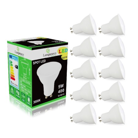 Pack de 10 Ampoules Led GU10 5W Blanc Chaud 3000K eq. 50W Halogène 120°