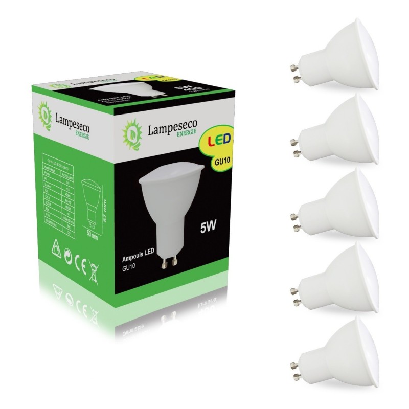 Découvrez la lumière chaleureuse de Pack de 5 ampoules Led GU10 5W 3000K - équivalent 50W halogène