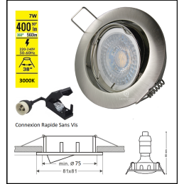 LOT DE 10 SPOT LED RONDE ALU BROSSE 230V COB LED 5W RENDU 50W BLANC CHAUD