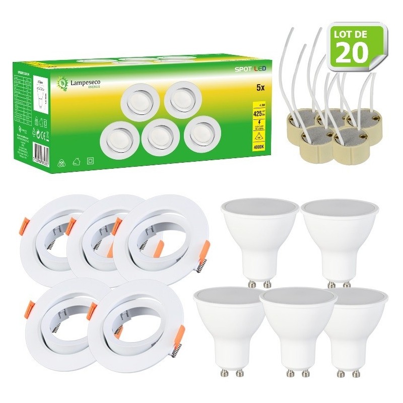 Éclairez votre maison avec style : Lot de 20 Spot LED orientables 4.9W GU10 Ø90 Lumière Blanc Neutre à 120°