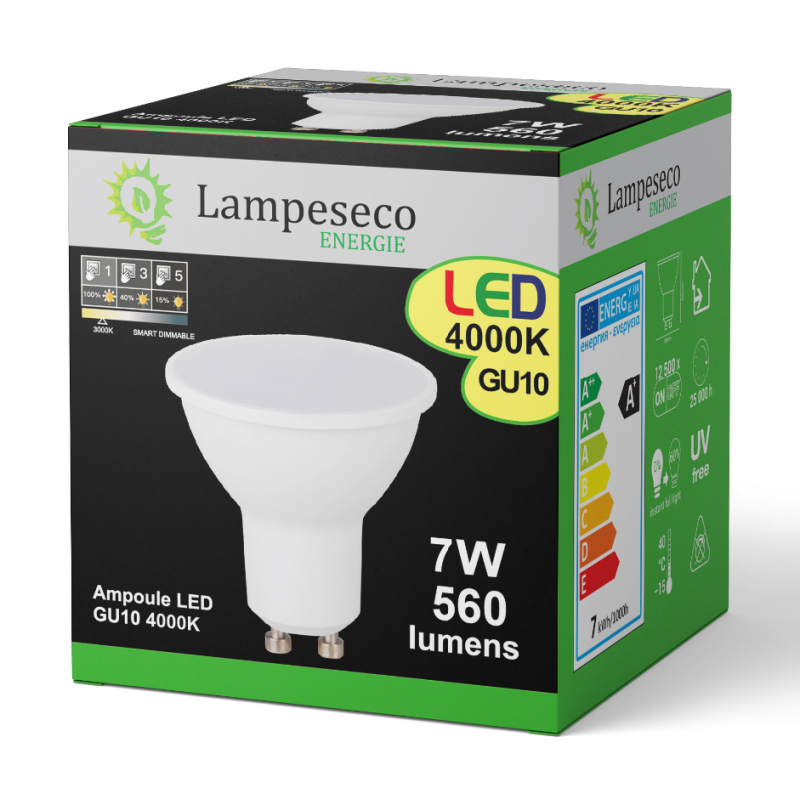 Ampoule LED GU10 7W \"SMART DIMMABLE\" dimmable sans variateur à 3 niveaux sans variateur.