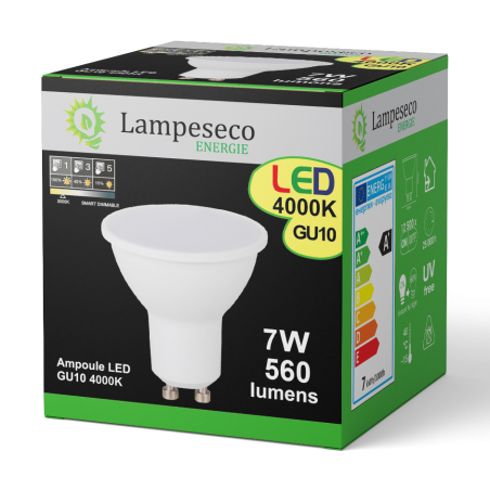 Ampoule LED GU10 7W \"SMART DIMMABLE\" dimmable sans variateur à 3 niveaux sans variateur.