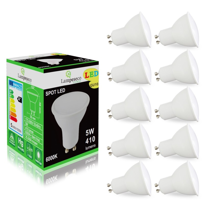 Pack de 10 Ampoules Led GU10 5W Blanc Froid 6000K eq. 50W Halogène 120°