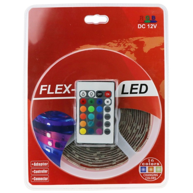 Kit RUBAN LED RGB 5M Complete. Transformateur + cable d\'alimentation + controleur + ruban LED de 5 mètres