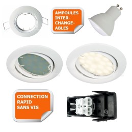 LOT DE 8 SPOT LED ENCASTRABLE COMPLETE ORIENTABLE BLANC AVEC AMPOULE GU10 230V eq. 50W