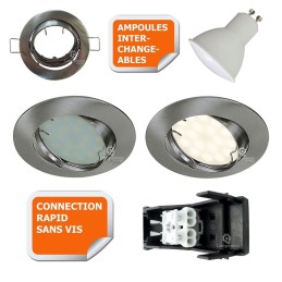 SPOT LED ENCASTRABLE COMPLETE ORIENTABLE ALU BROSSE AVEC AMPOULE GU10 230V eq. 50W