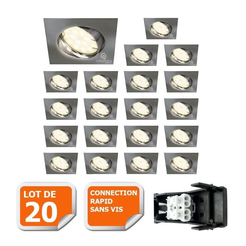 20 Spots LED Carré Alu Brossé - Blanc Chaud | Économisez 90% d\'Energie!