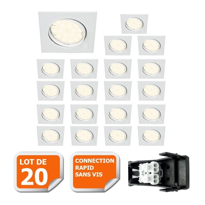 LOT DE 20 SPOT ENCASTRABLE ORIENTABLE CARRE LED SMD GU10 230V BLANC RENDU ENVIRON 50W HALOGENE