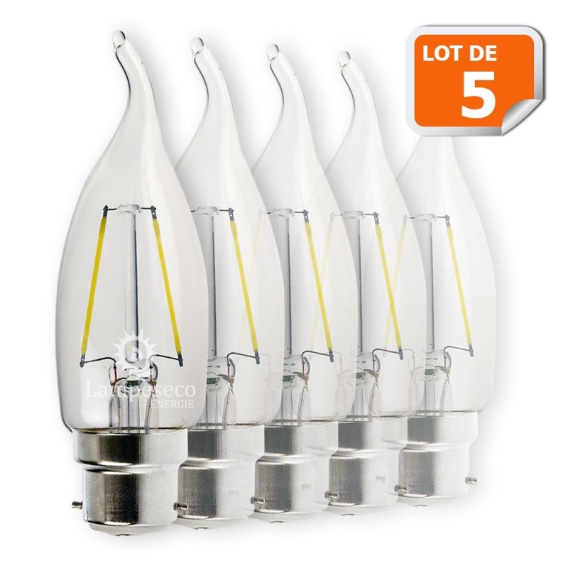 Lot de 5 Ampoules Led Flamme Coup de Vent Filament 4 watt (éq. 42 Watt) Culot B22 à baïonnette