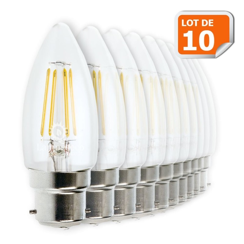 Lot de 10 Ampoules Led Flamme Filament 4 watt (éq. 42 Watt) Culot B22 à baïonnette