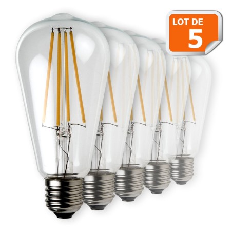 Lot de 5 Ampoules Led Filament ST64 Style Edison Teardrop 7 watt (eq.52 watt) Culot E27