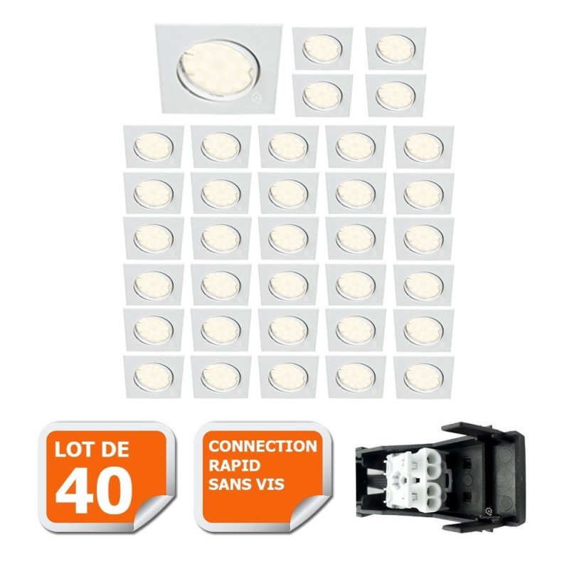 LOT DE 40 SPOT ENCASTRABLE ORIENTABLE LED CARRE GU10 230V eq. 50W BLANC FROID 6000K