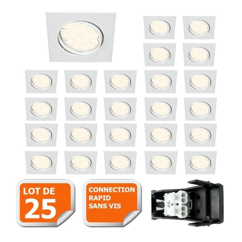 LOT DE 25 SPOT ENCASTRABLE ORIENTABLE LED CARRE GU10 230V eq. 50W BLANC FROID 6000K