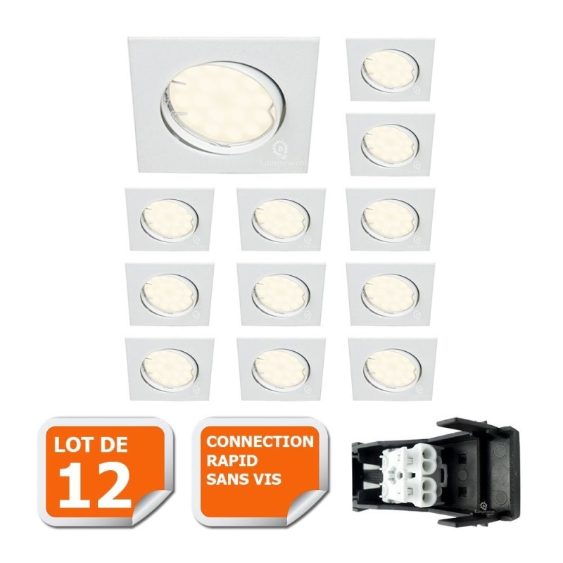 LOT DE 12 SPOT ENCASTRABLE ORIENTABLE LED CARRE GU10 230V eq. 50W BLANC FROID 6000K