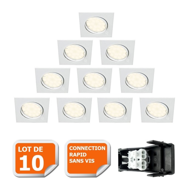 LOT DE 10 SPOT ENCASTRABLE ORIENTABLE LED CARRE GU10 230V eq. 50W BLANC FROID 6000K