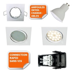 LOT DE 8 SPOT ENCASTRABLE ORIENTABLE LED CARRE GU10 230V eq. 50W BLANC FROID 6000K
