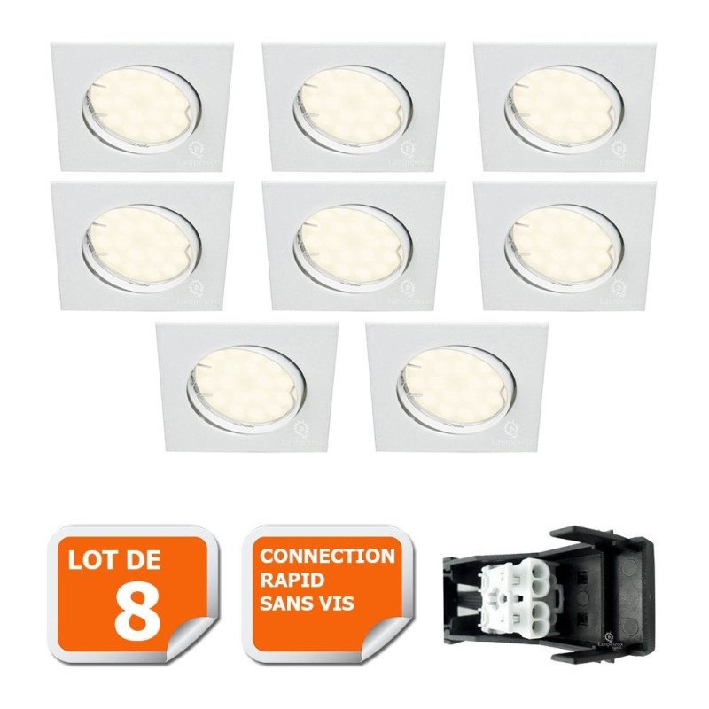 LOT DE 8 SPOT ENCASTRABLE ORIENTABLE LED CARRE GU10 230V eq. 50W BLANC FROID 6000K
